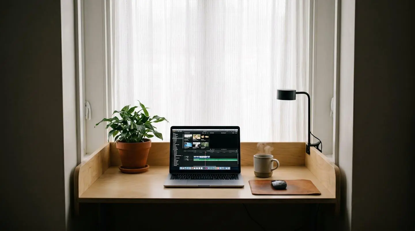 Coin bureau aménagé dans une alcôve avec plante et café, lumière naturelle.