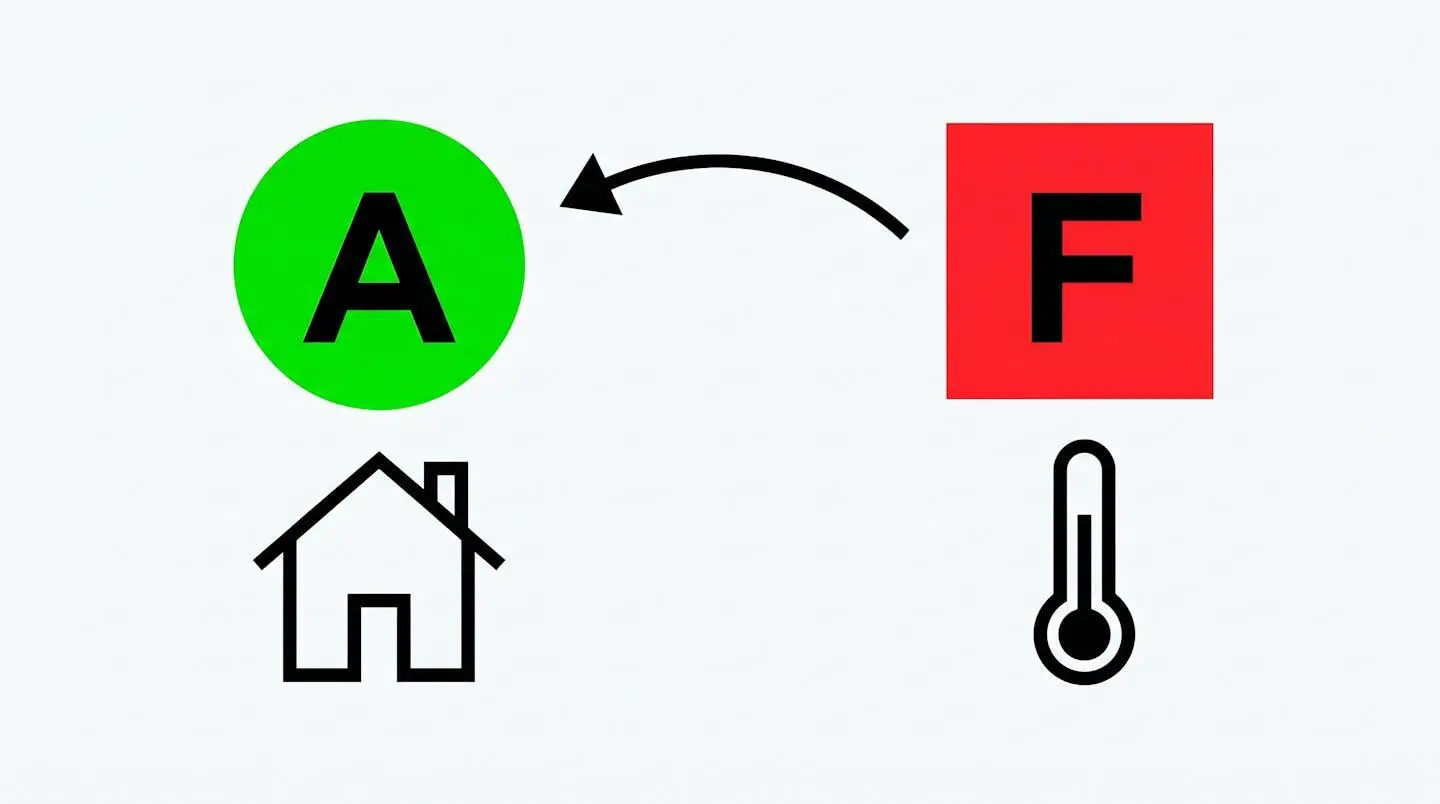 Illustration comparant un cercle vert DPE A et un carré rouge DPE F.