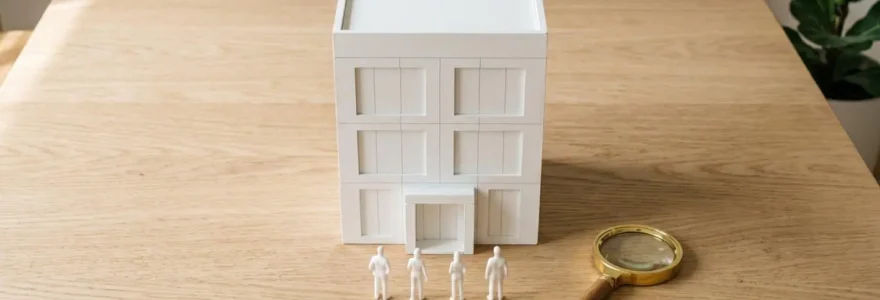 Maquette blanche d'immeuble avec figurines de locataires et loupe, sur fond bois clair.